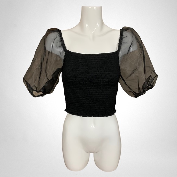 Evolutionary Black Smocked Bodice Top with Sheer Organza Puff Sleeves XL - Picture 2 of 9